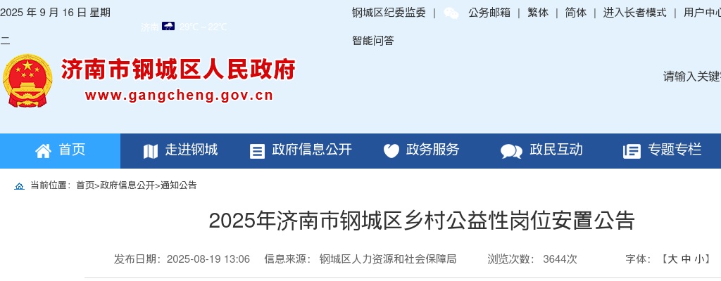 2025年济南市钢城区乡村公益性岗位安置公告（170个） 图片